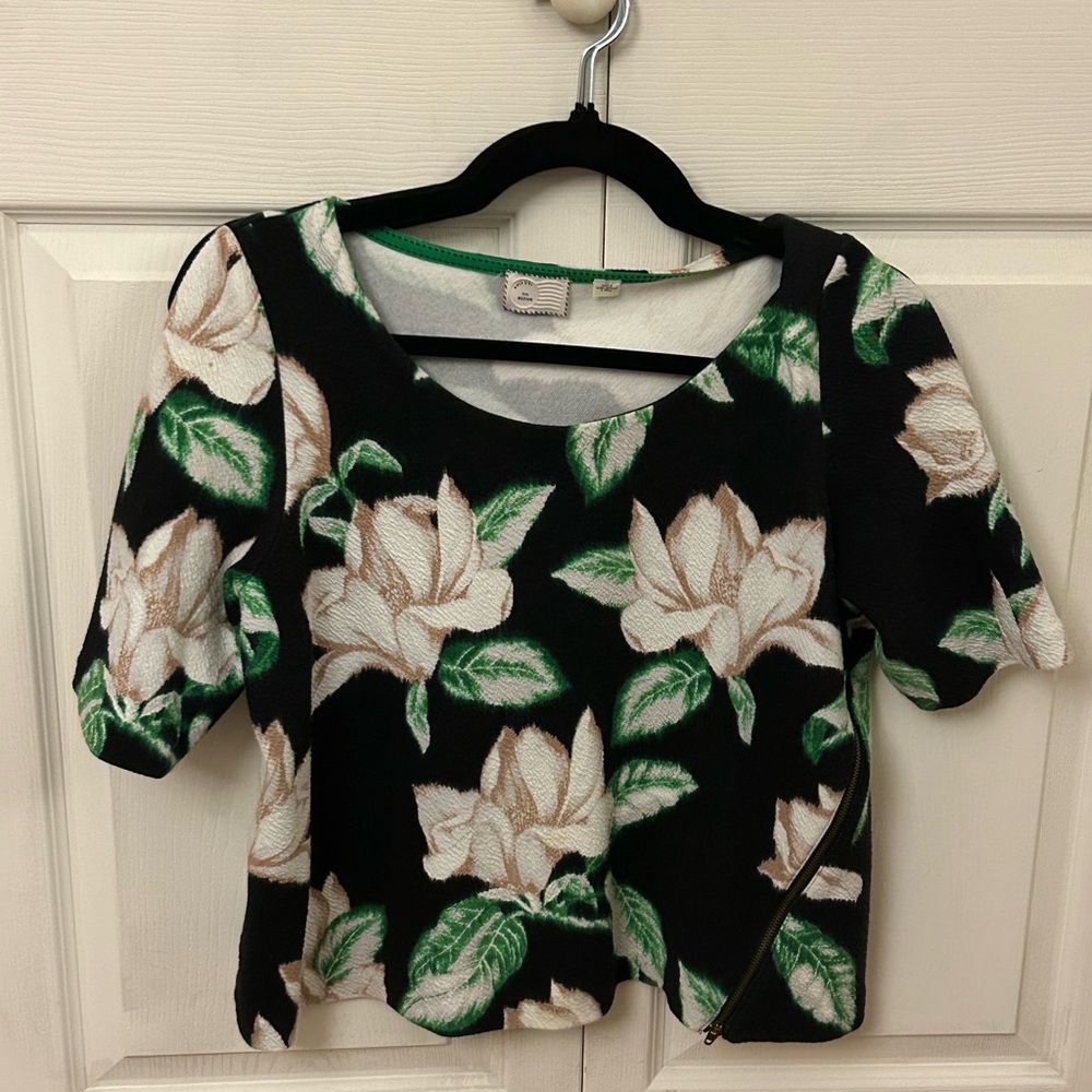 Anthropologie Black and Green Floral Top